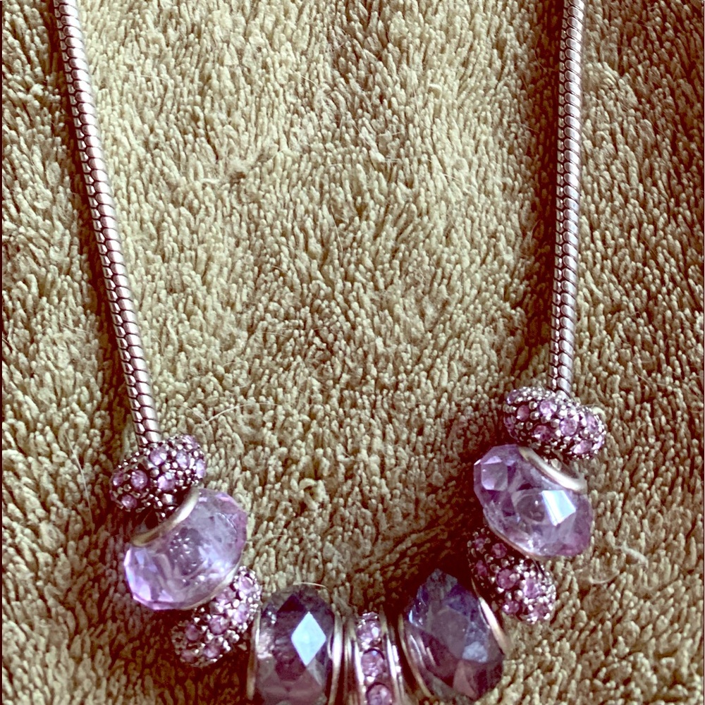 Purple sparkling beads on silver tone chain